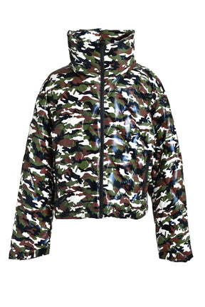 FAUX LEATHER QUILTING CAMO DOWN JACKET / W.CAMO 