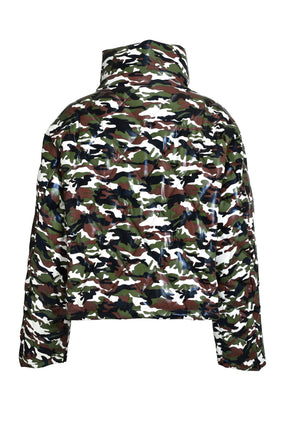 FAUX LEATHER QUILTING CAMO DOWN JACKET / W.CAMO 