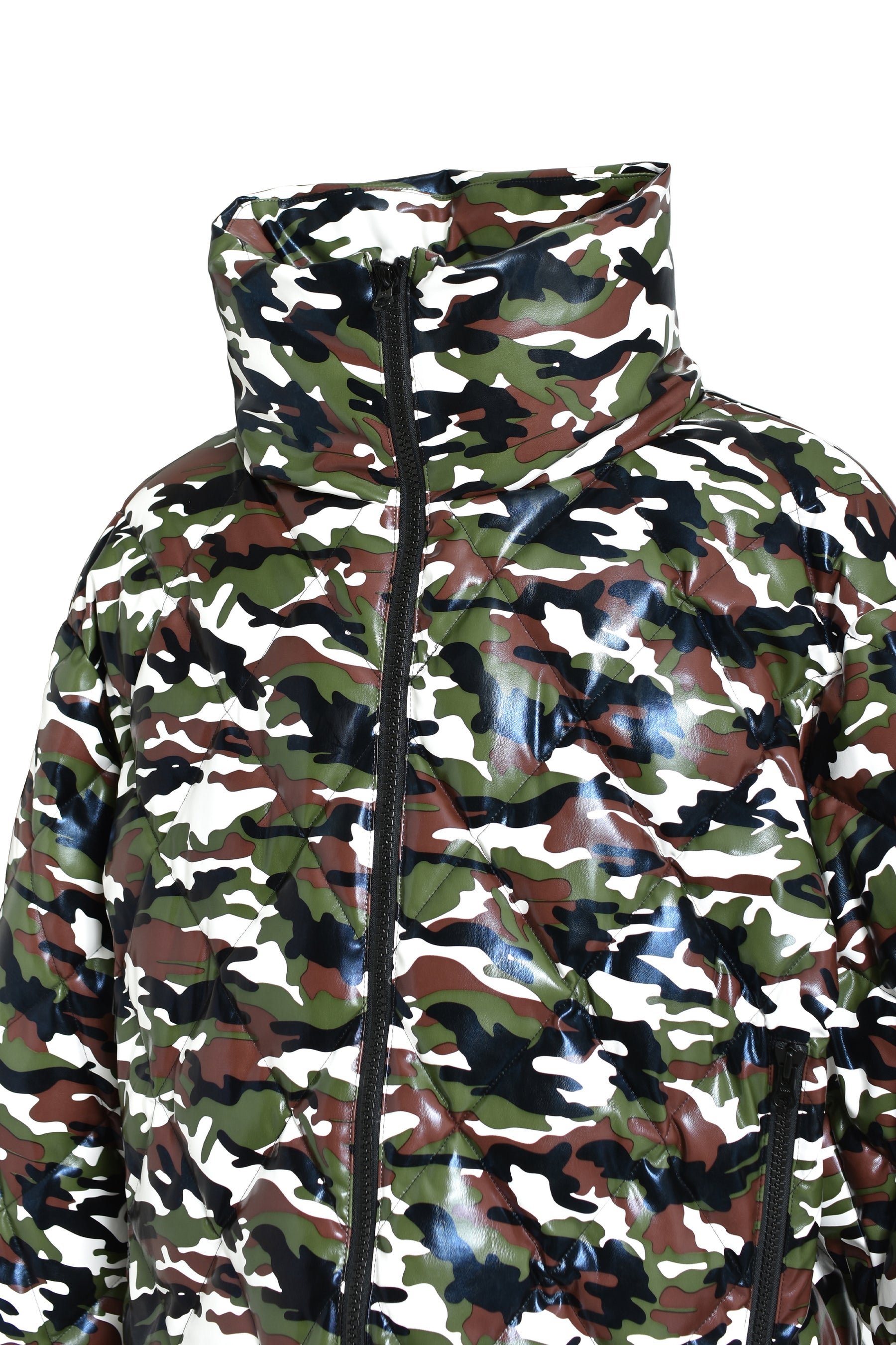 FAUX LEATHER QUILTING CAMO DOWN JACKET / W.CAMO 