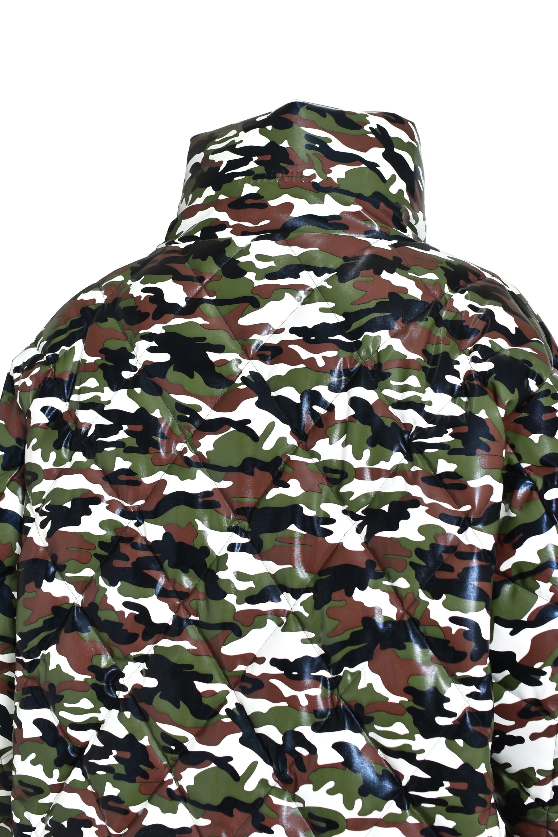FAUX LEATHER QUILTING CAMO DOWN JACKET / W.CAMO 