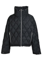 FAUX LEATHER SHINY QUILTING DOWN JACKET / F.BLK