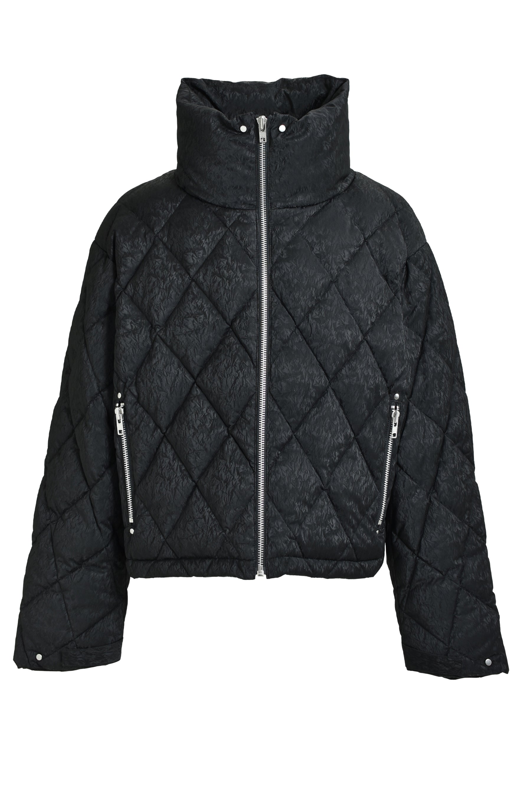 FAUX LEATHER SHINY QUILTING DOWN JACKET / F.BLK