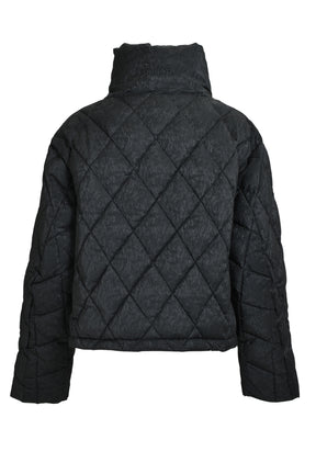 FAUX LEATHER SHINY QUILTING DOWN JACKET / F.BLK
