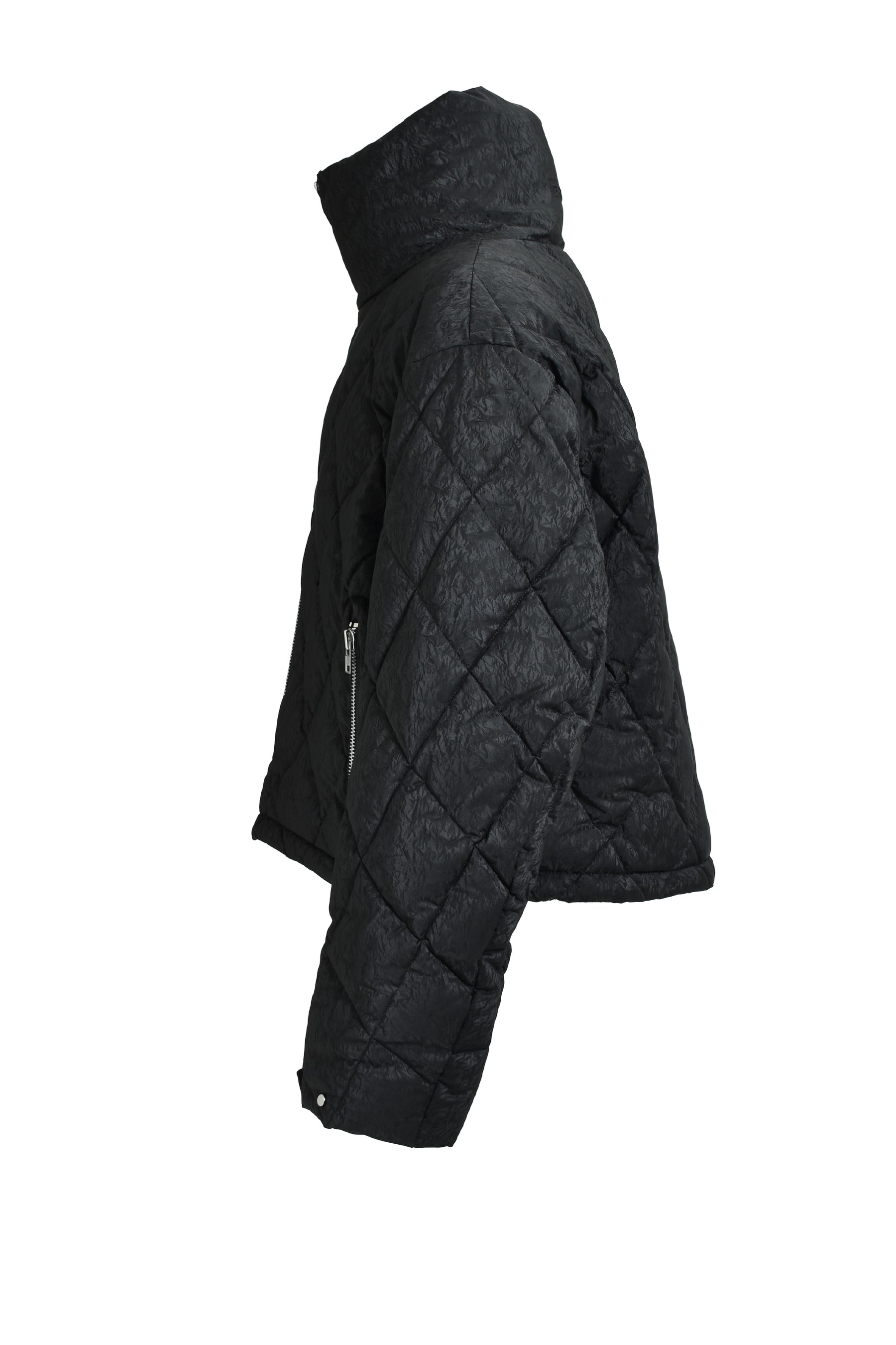 FAUX LEATHER SHINY QUILTING DOWN JACKET / F.BLK