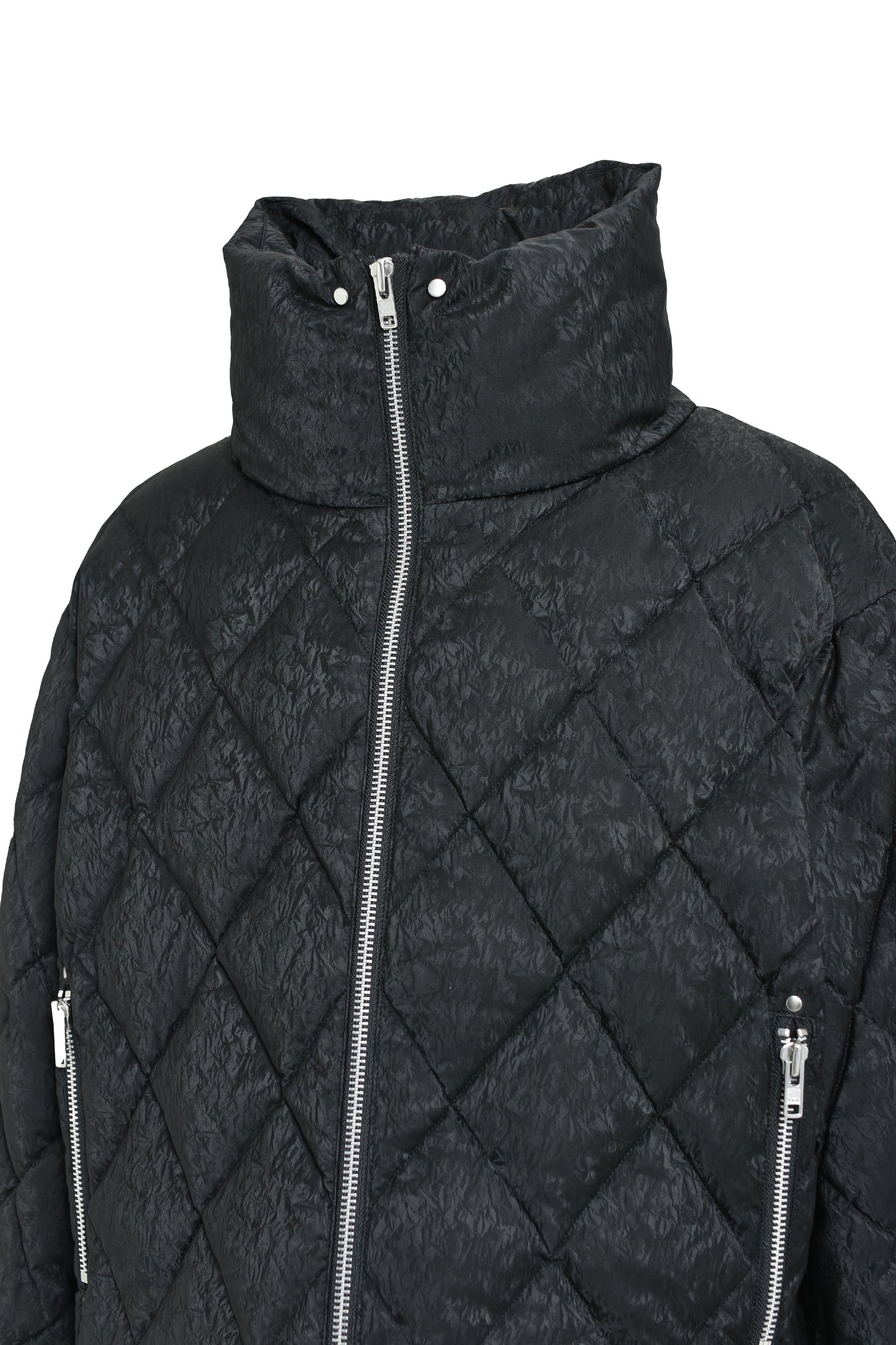 FAUX LEATHER SHINY QUILTING DOWN JACKET / F.BLK