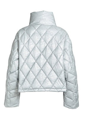 FAUX LEATHER SHINY QUILTING DOWN JACKET / SIL