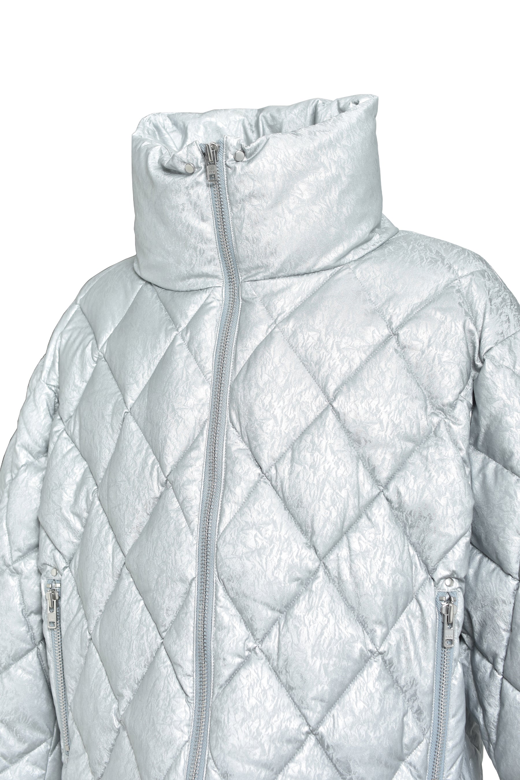FAUX LEATHER SHINY QUILTING DOWN JACKET / SIL