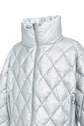 FAUX LEATHER SHINY QUILTING DOWN JACKET / SIL