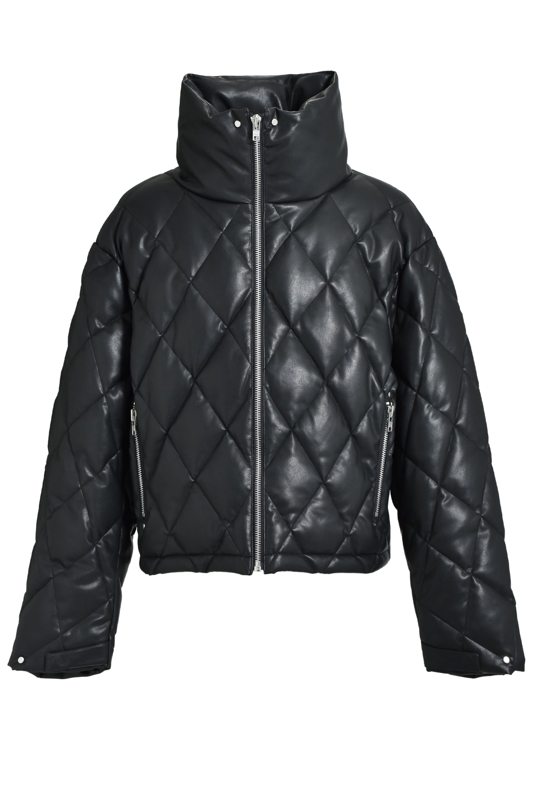 FAUX LEATHER QUILTING DOWN JACKET / BLK