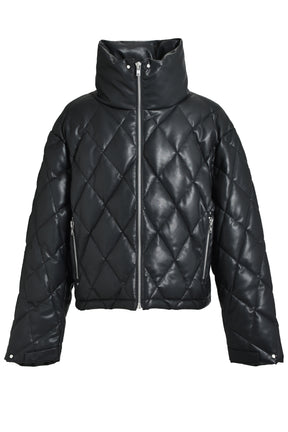 FAUX LEATHER QUILTING DOWN JACKET / BLK