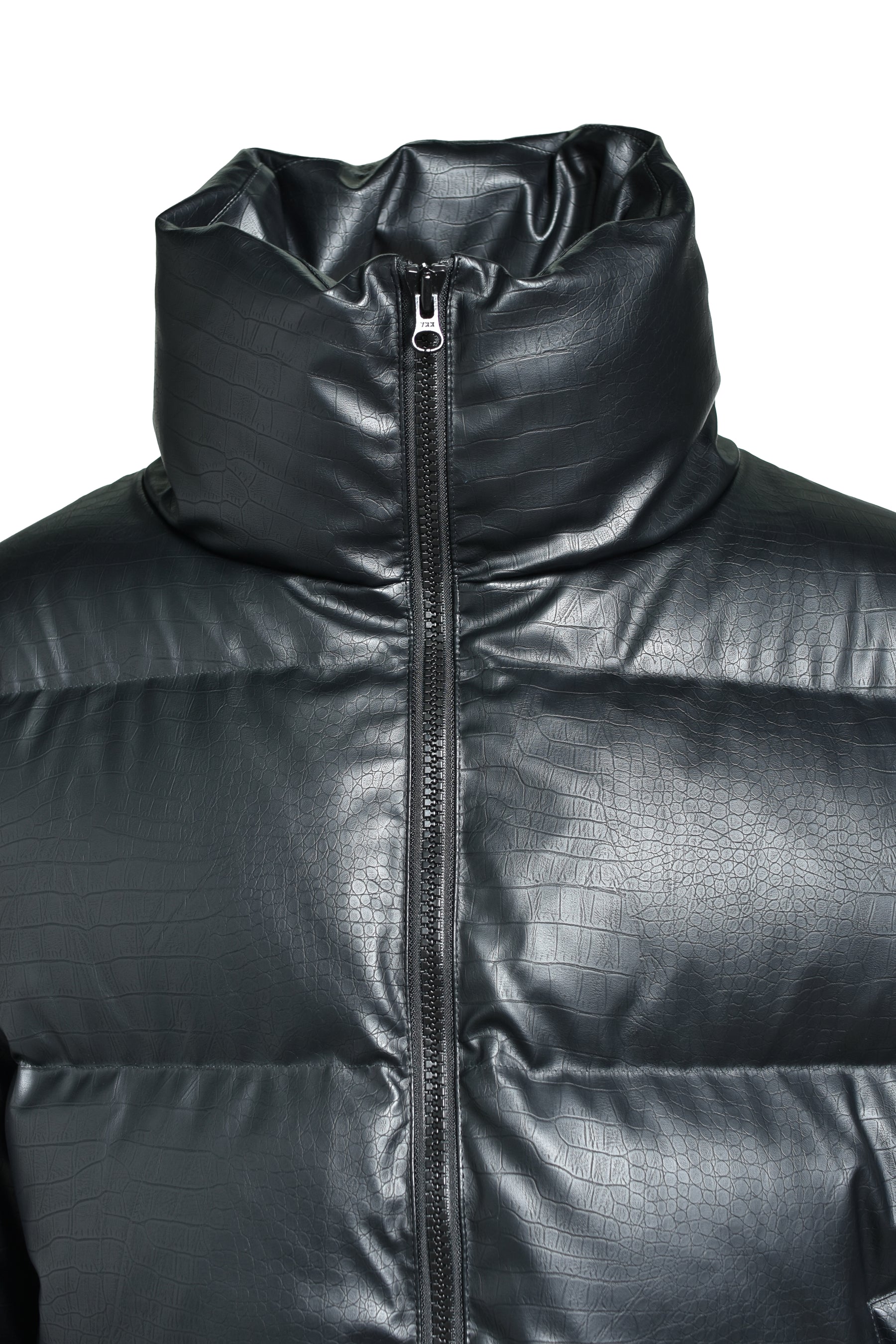 FAUX LEATHER MATTE CROCODILE DOWN JACKET / BLK 