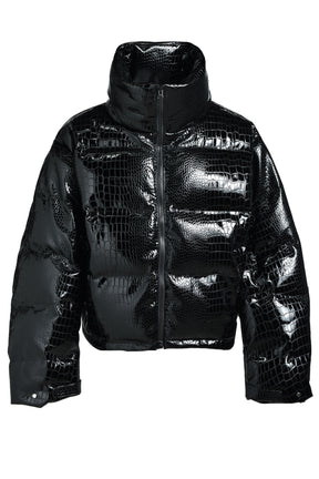 FAUX LEATHER CROCODILE DOWN JACKET / BLK 