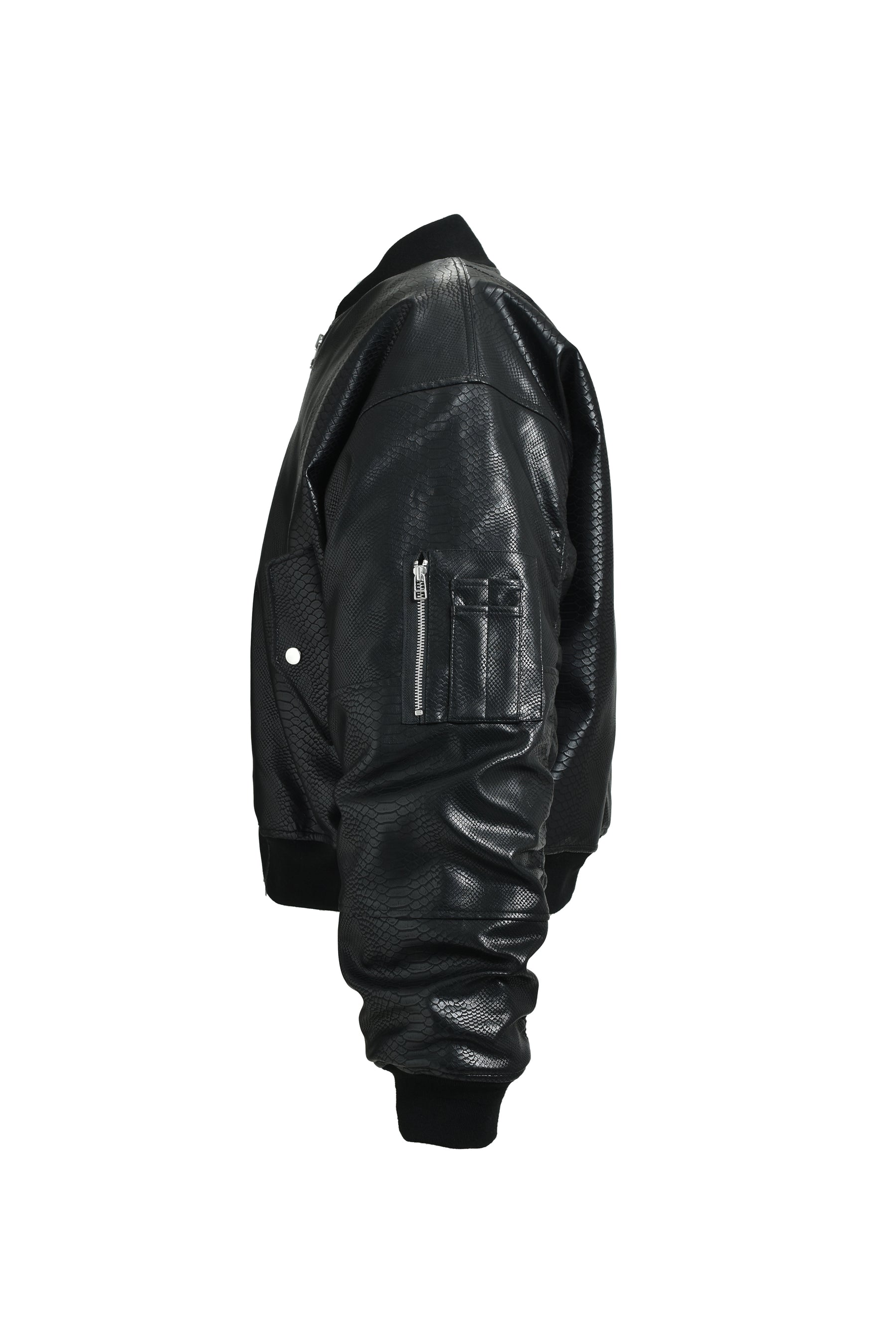 FAUX LEATHER PYTHON BOMBER JACKET / BLK 