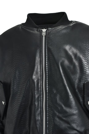 FAUX LEATHER PYTHON BOMBER JACKET / BLK 