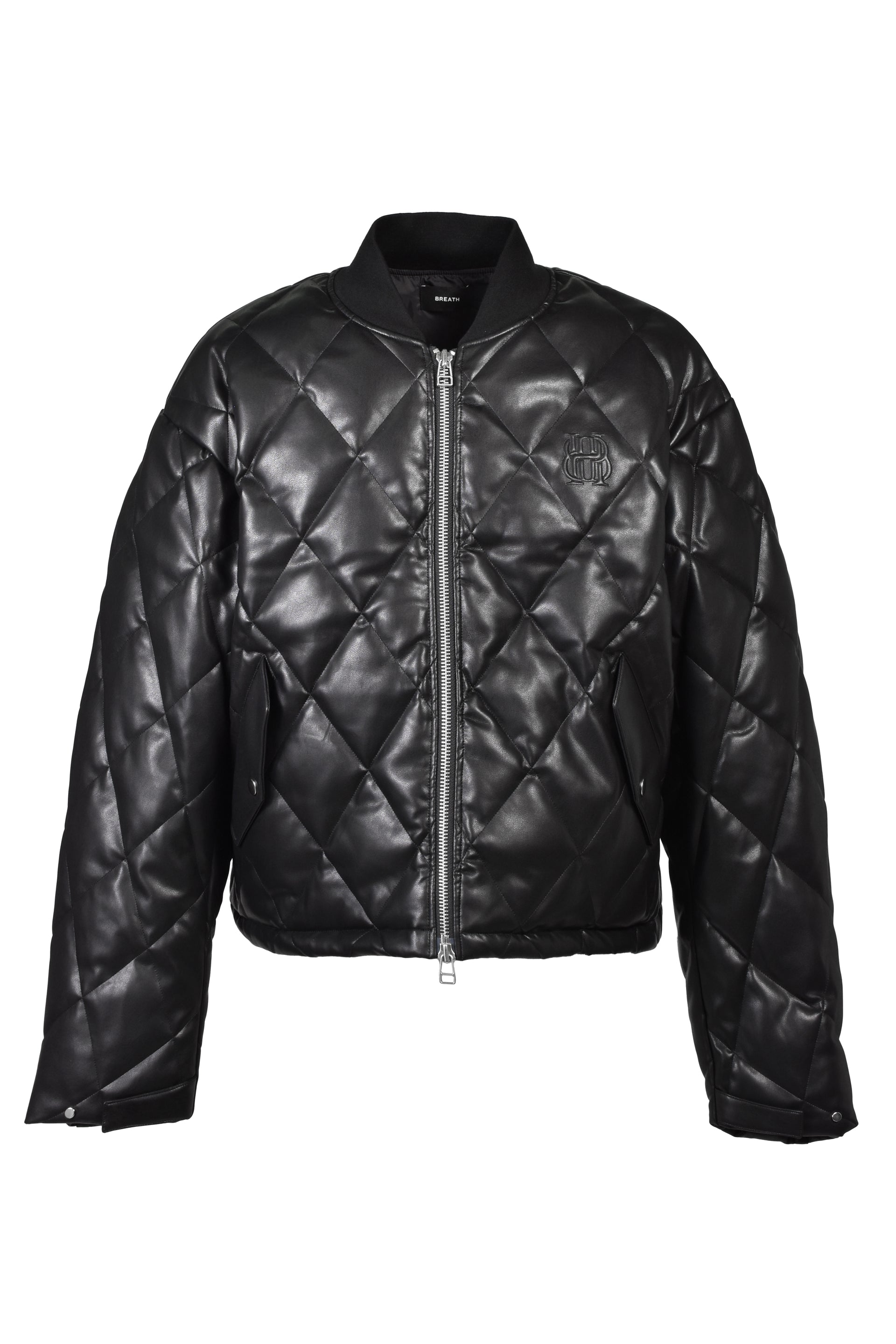 FAUX LEATHER QUILTING DOWN JACKET / BLK