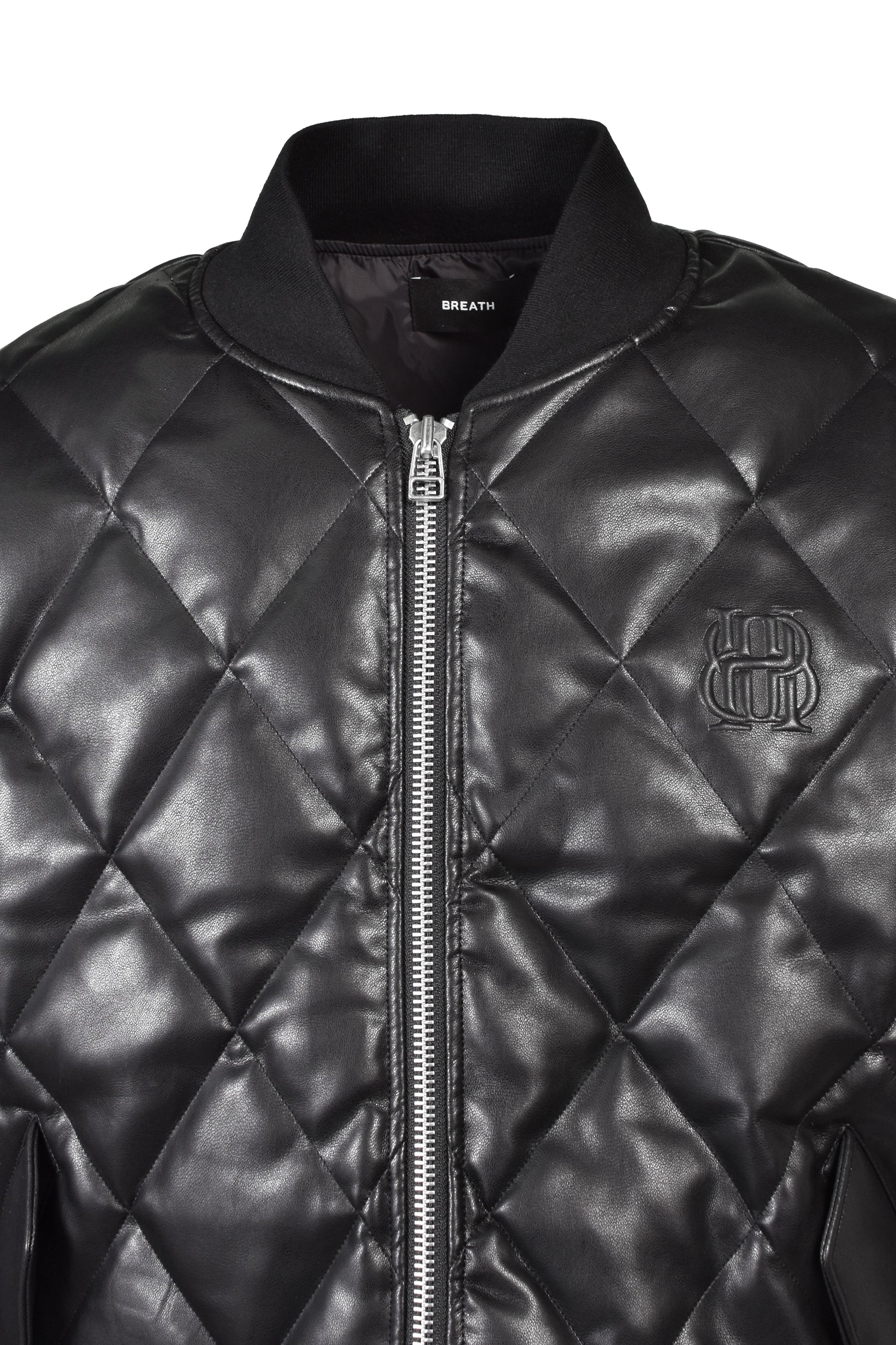 FAUX LEATHER QUILTING DOWN JACKET / BLK