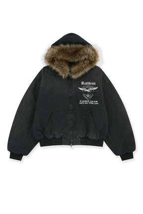 DETACHABLE FUR HOODIED WORK JACKET / BLK
