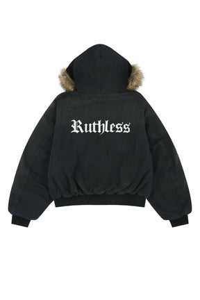 DETACHABLE FUR HOODIED WORK JACKET / BLK