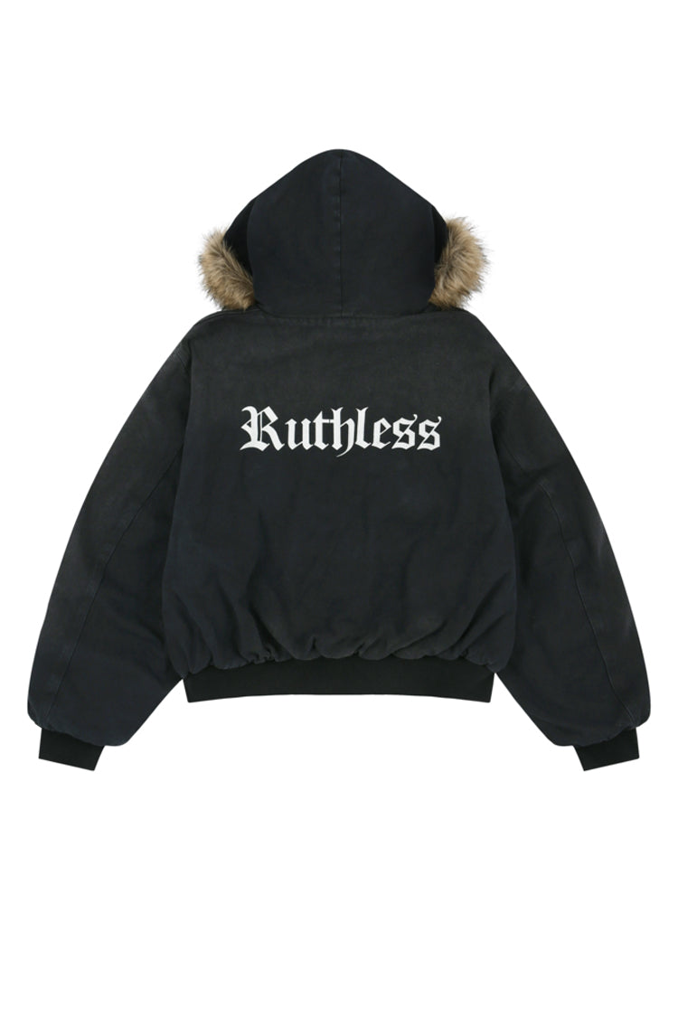 DETACHABLE FUR HOODIED WORK JACKET / BLK