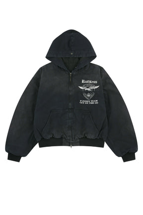 DETACHABLE FUR HOODIED WORK JACKET / BLK