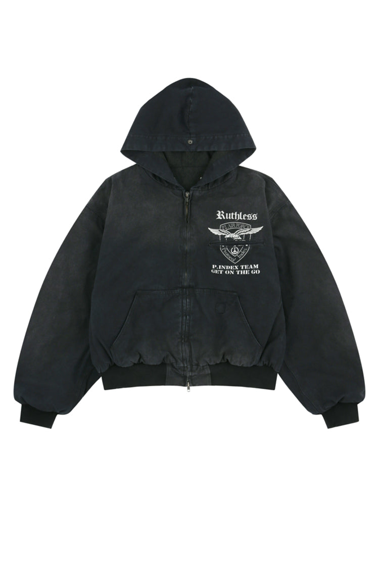 DETACHABLE FUR HOODIED WORK JACKET / BLK