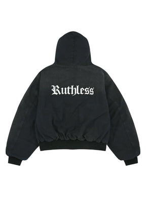 DETACHABLE FUR HOODIED WORK JACKET / BLK