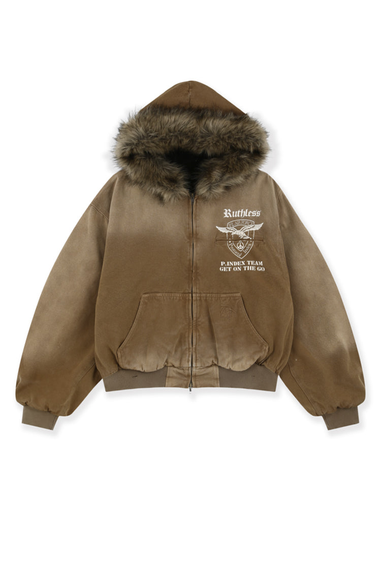 DETACHABLE FUR HOODIED WORK JACKET / BEI