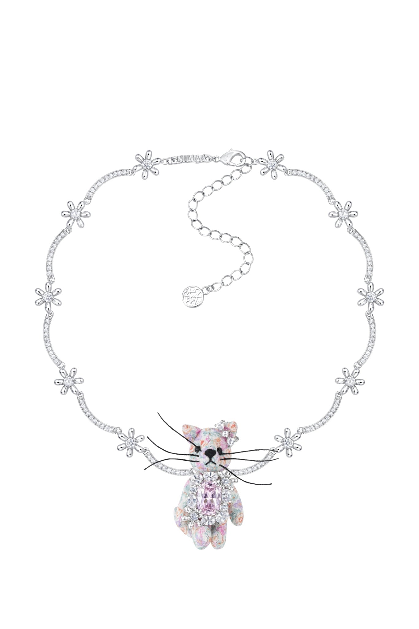 FABRIC KITTEN RIBBON NECKLACE / PNK