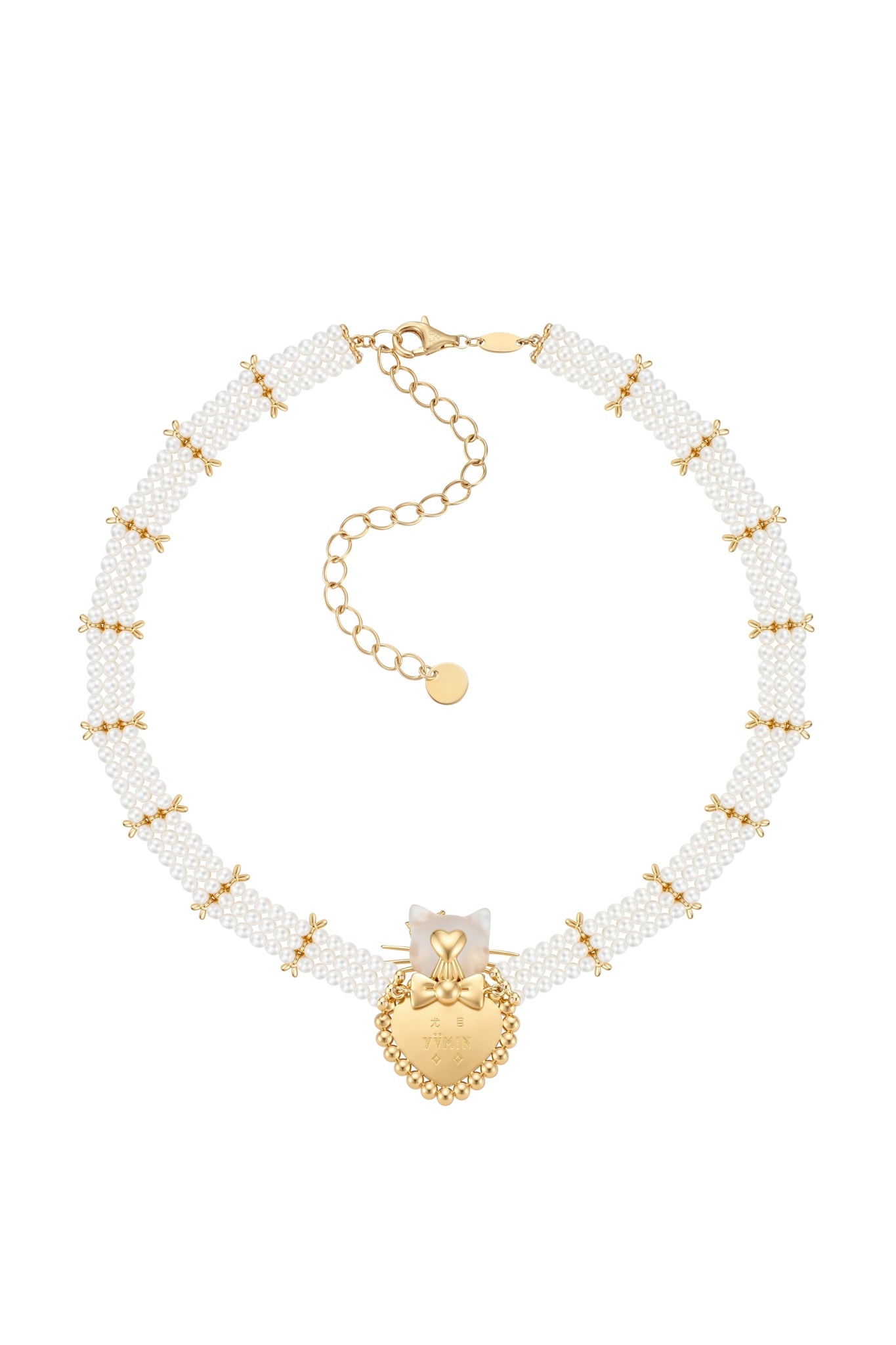 KITTEN HEART SHAPED PEARL NECKLACE / GLD