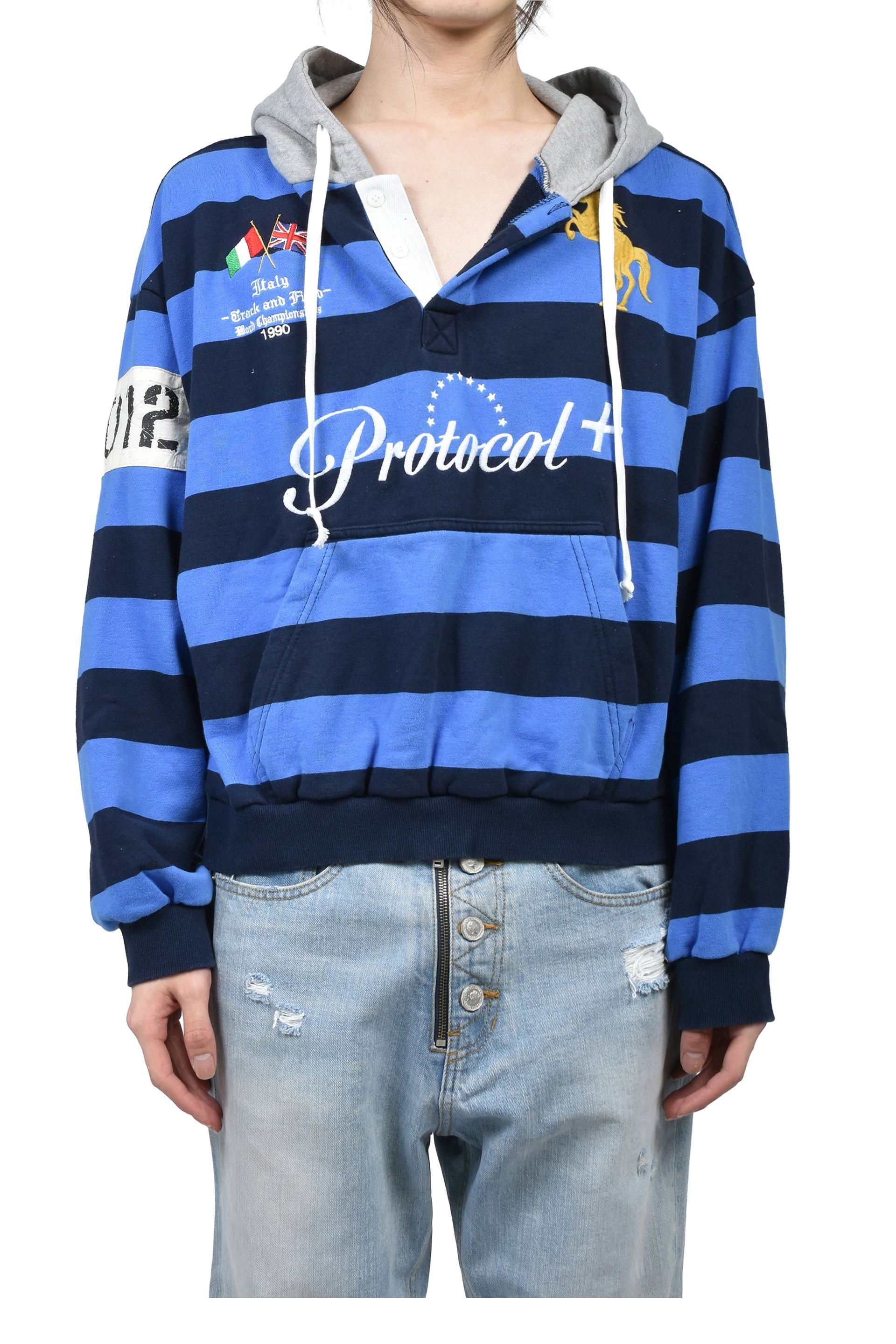 STRIPE POLO HOODIE / BLU