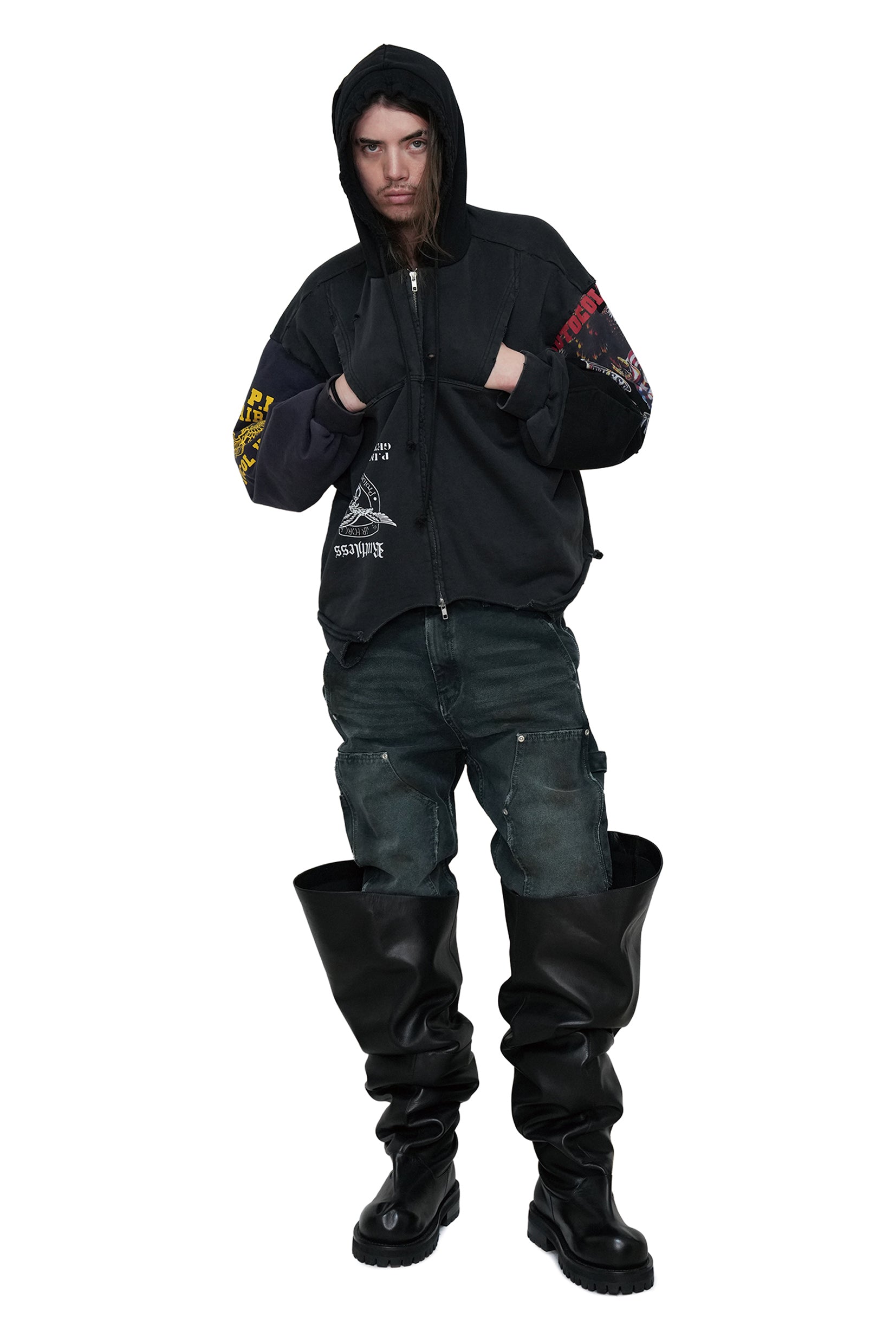 UPSIDE DOWN ZIP HOODIE / MULTI BLK