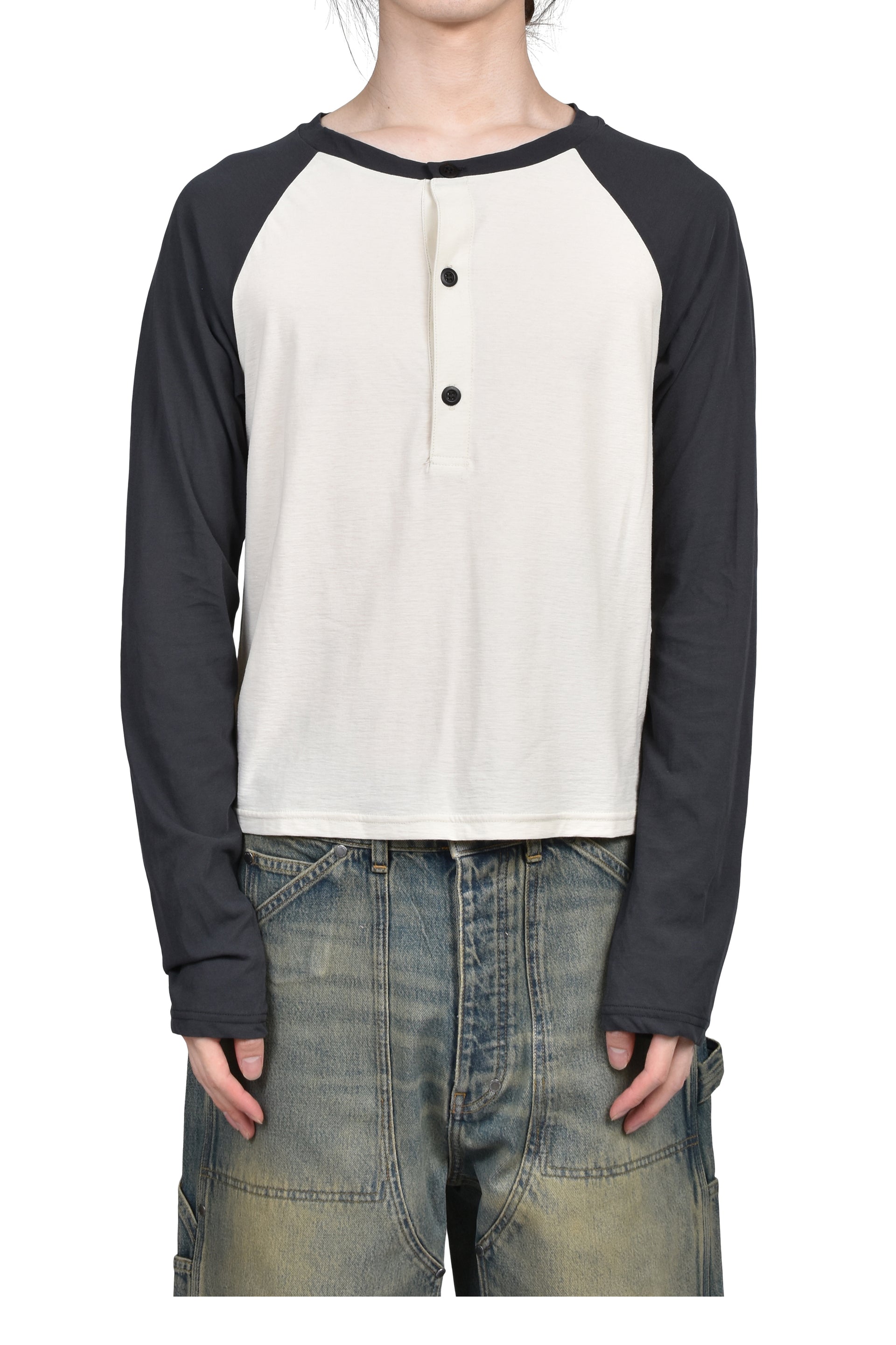 RAGLAN HENLEY NECK TEE /  BLK