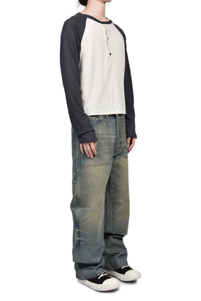 RAGLAN HENLEY NECK TEE /  BLK
