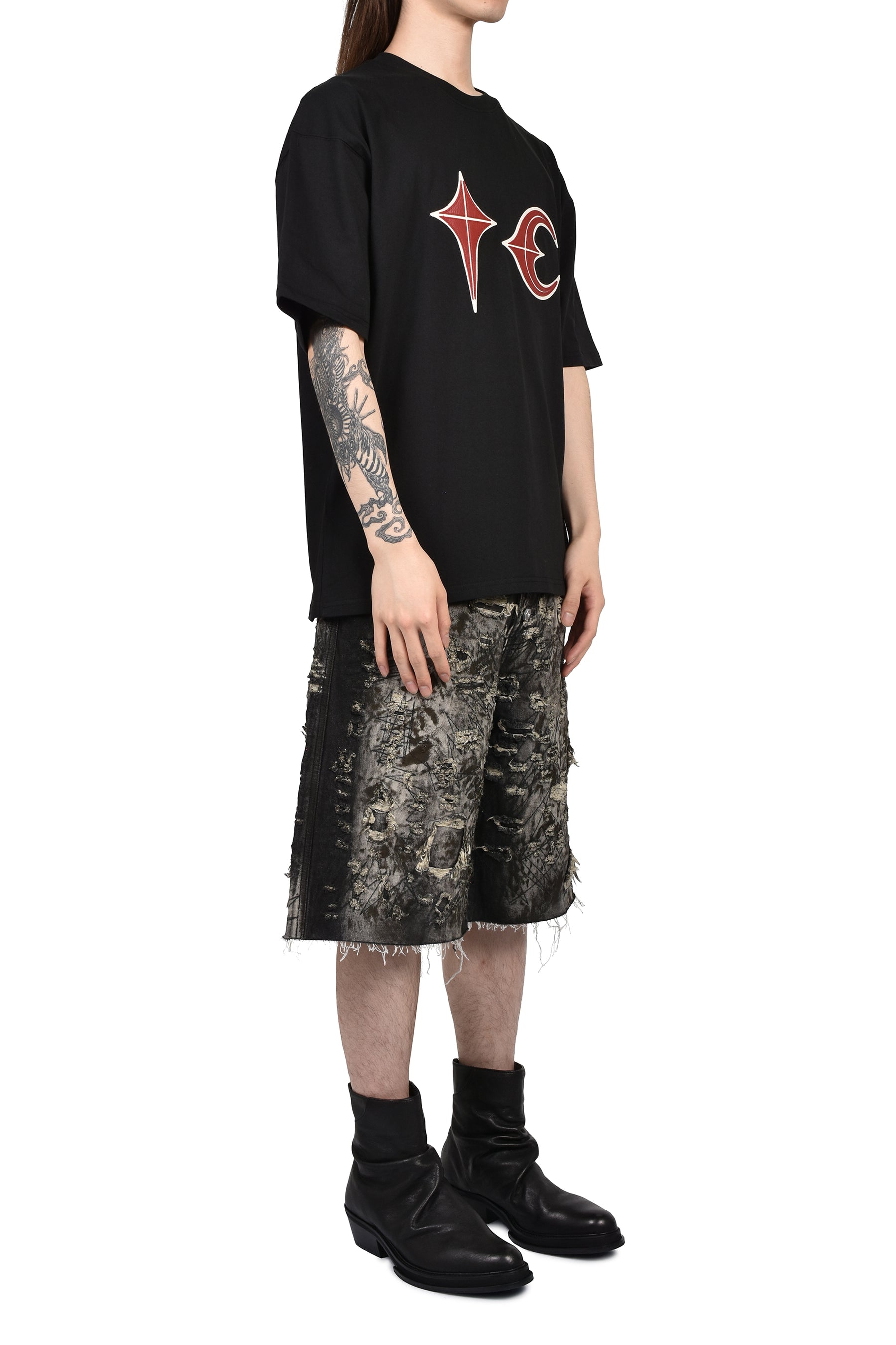 HARD WASHED DESTROYED DENIM SHORTS / BLK