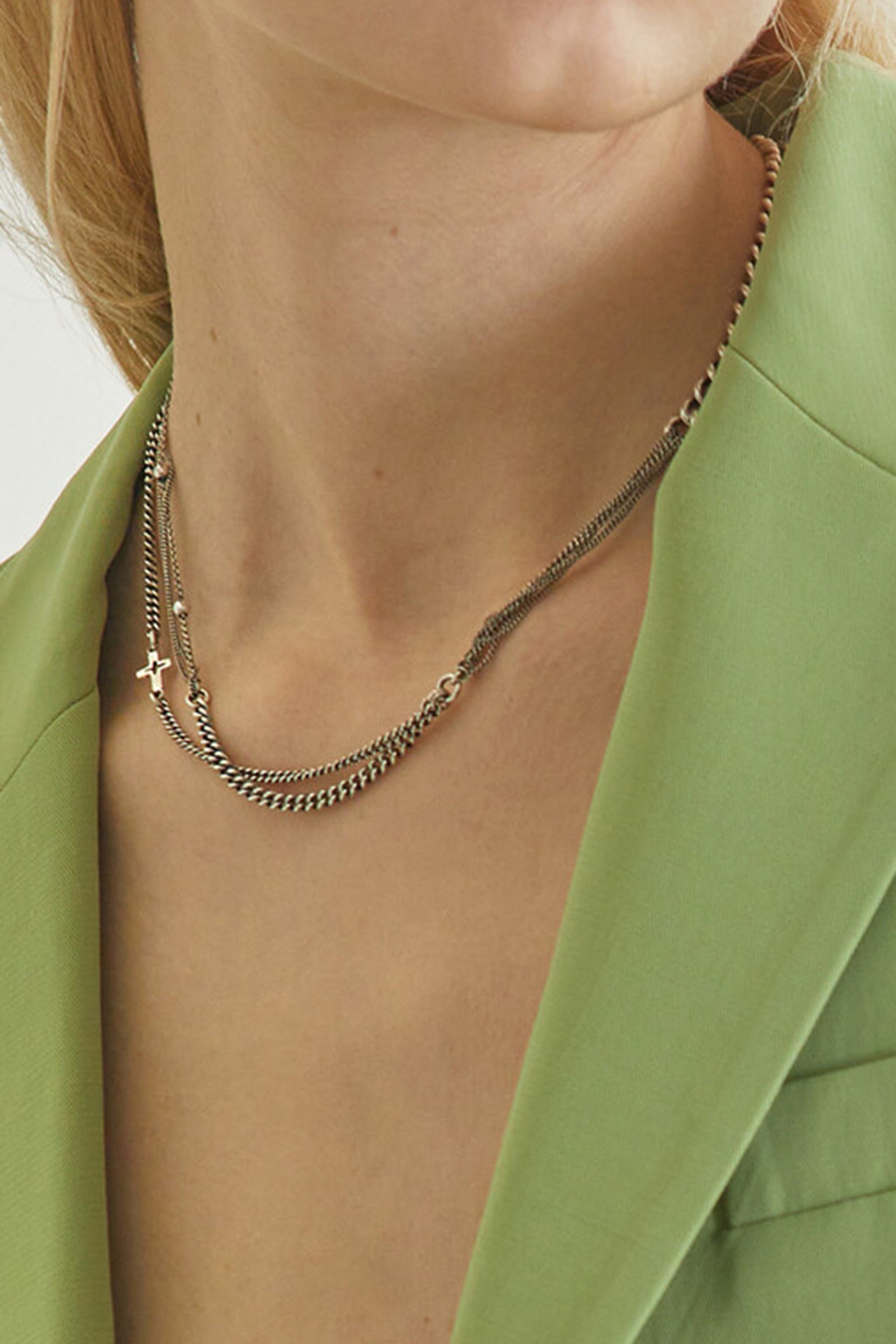 SILVER OVERLAP MIX CHAIN NECKLACE / SIL